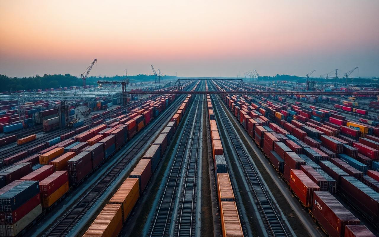 Intermodal rail yard at dawn