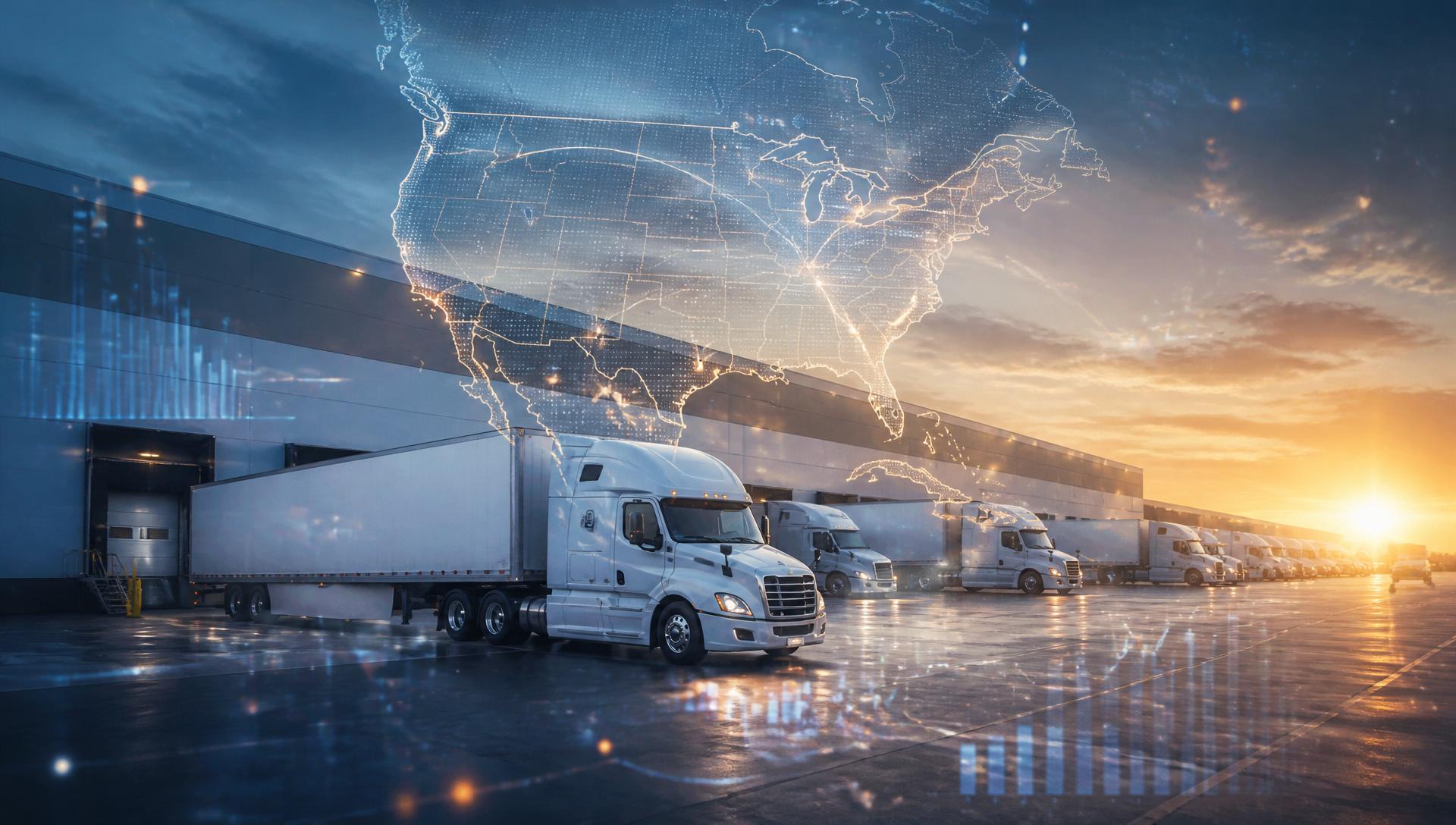 Freight distribution center with US route overlay at sunrise
